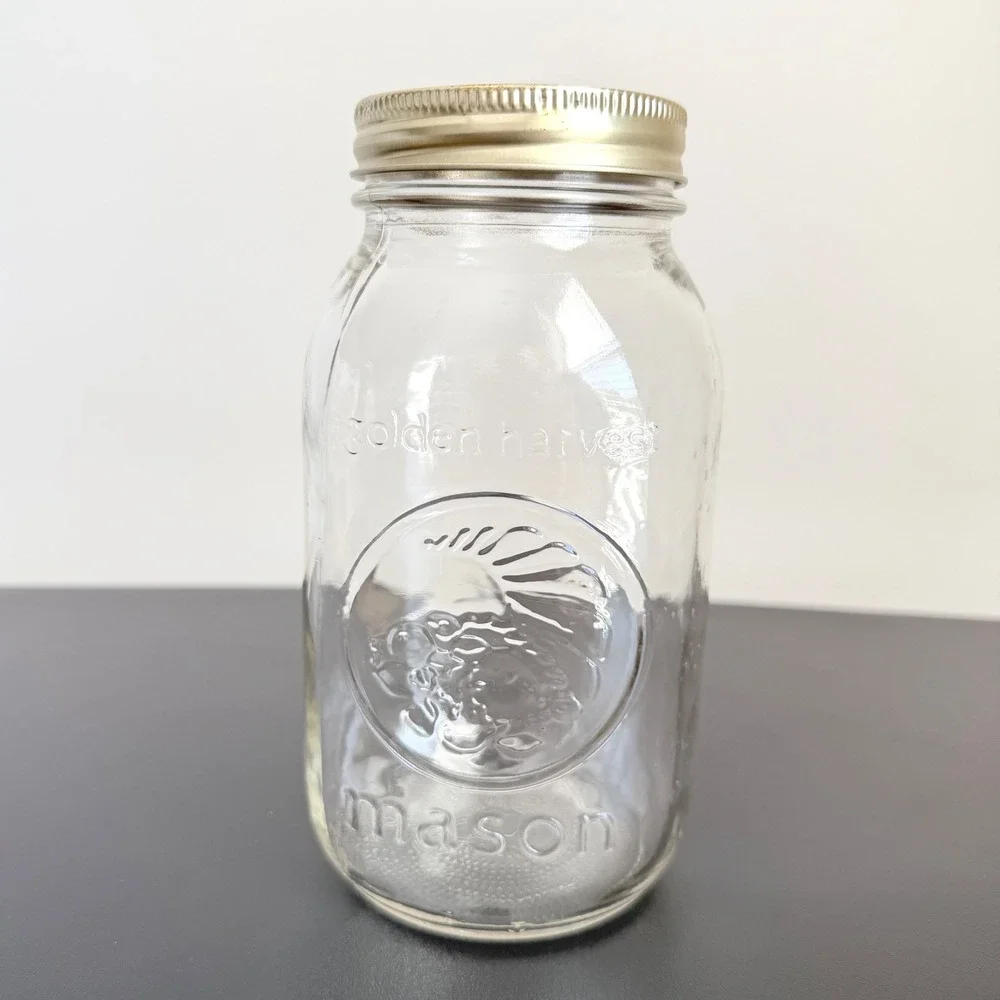 Vintage Golden Harvest Mason Jar Pint 16 Oz Regular Mouth w Lid & Band Clear